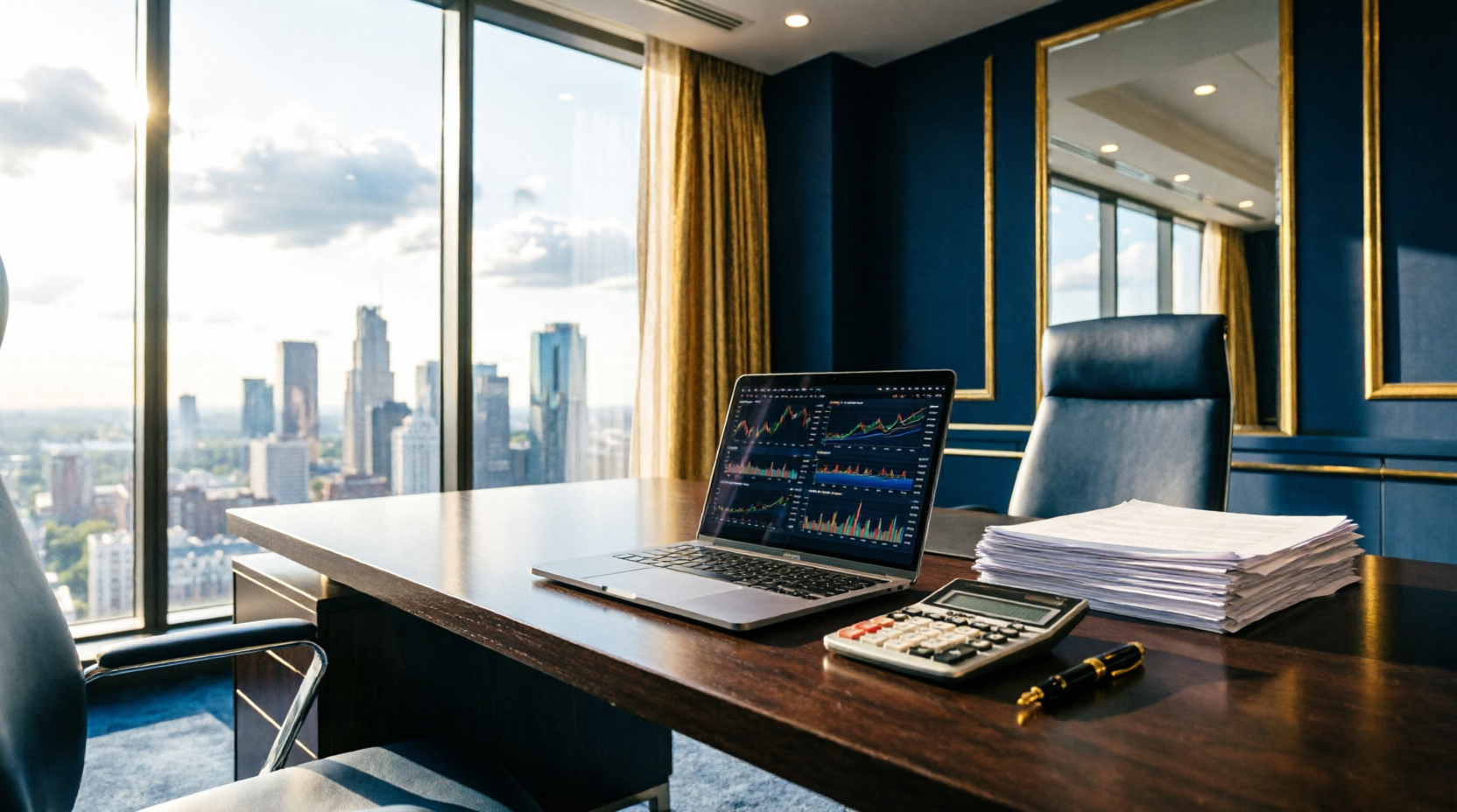 Modern financial office with laptop displaying market charts above a city skyline